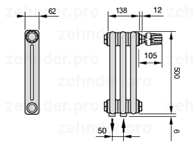Схема (чертеж) Радиатор Zehnder Charleston 2050/3 №V008 Белый глянцевый RAL 9016